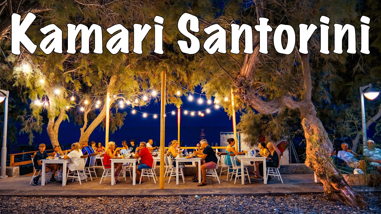 Kamari Beach Santorini, nightlife walking tour 4k, Greece travel guide