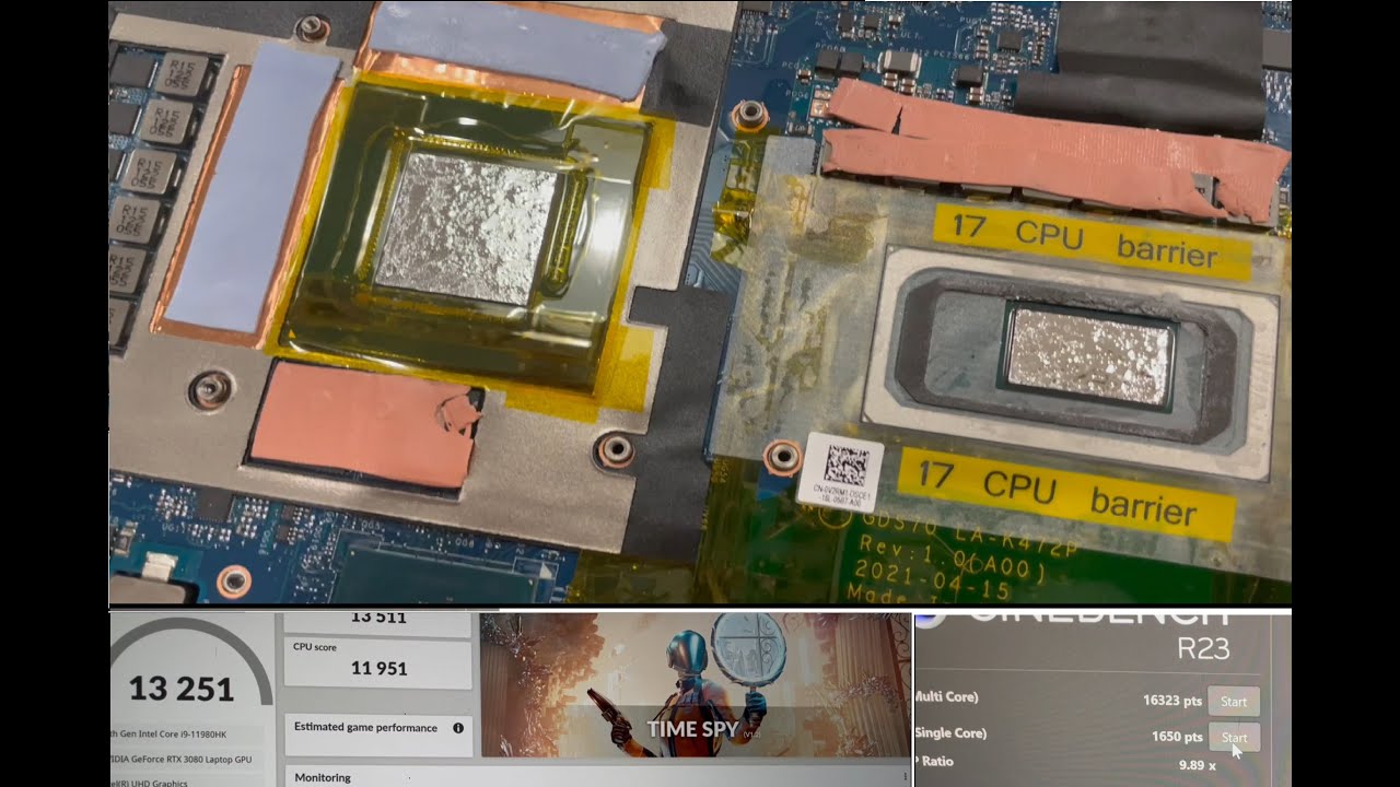 Liquid Metal - Alienware X17 Intel i9 11980hk 3080 - Cinebench 23 and Time Spy Results