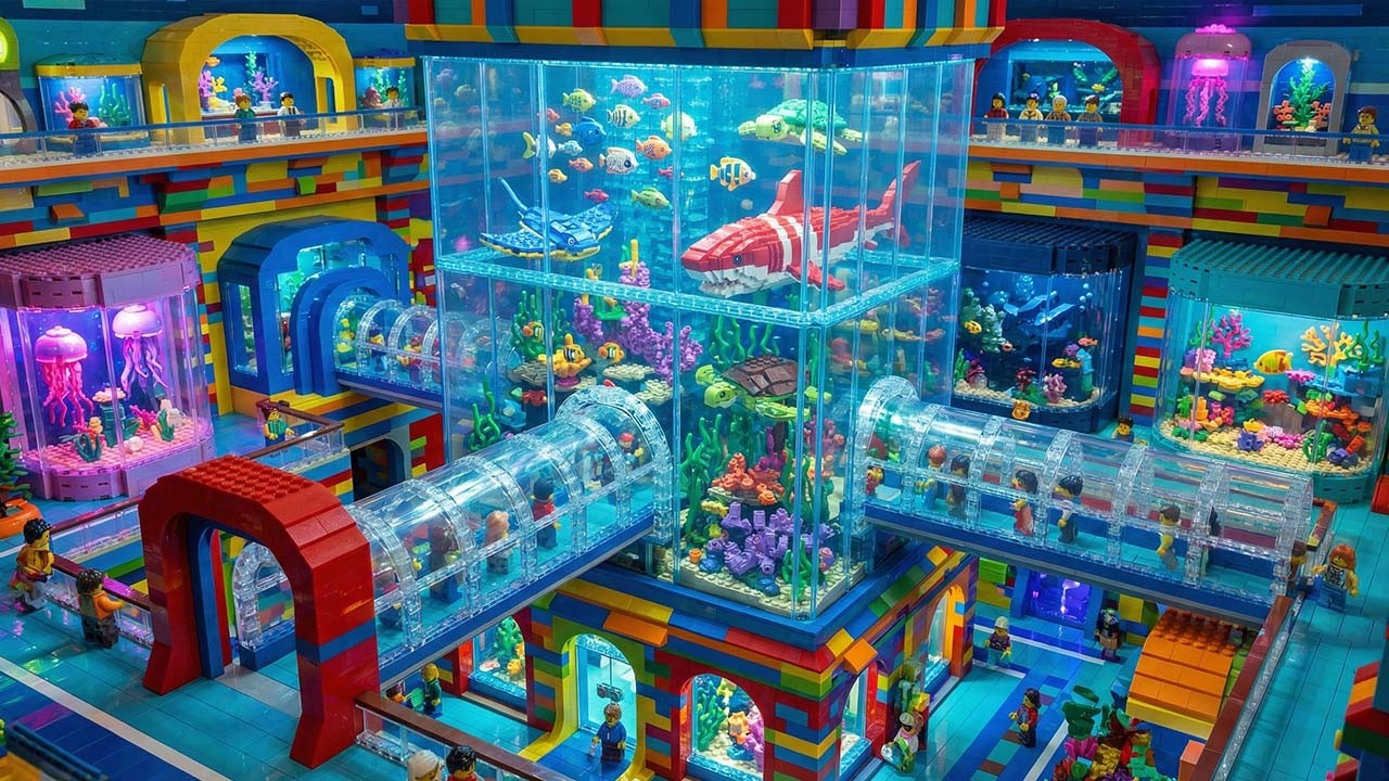Конструирование из миниатюр LEGO: создание аквариума для нескольких видов животных.
