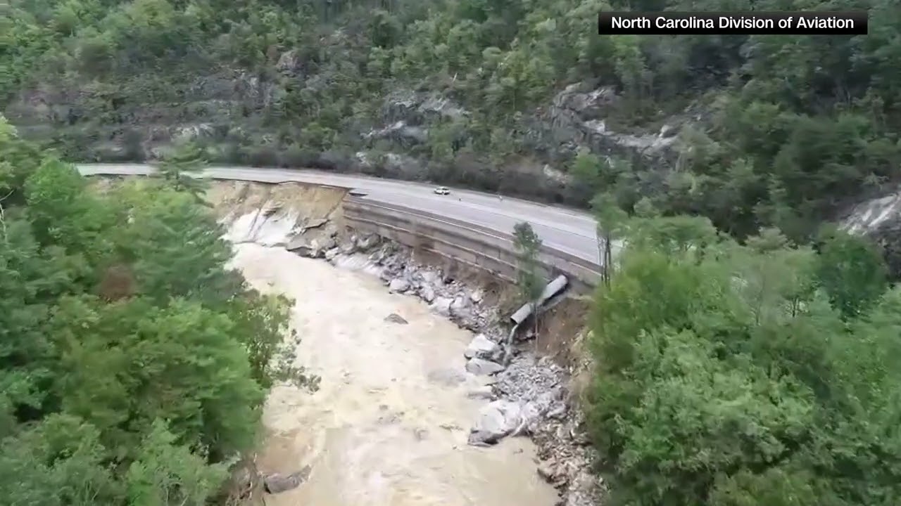 Video of damage from Helene flooding to I-40 in North Carolina