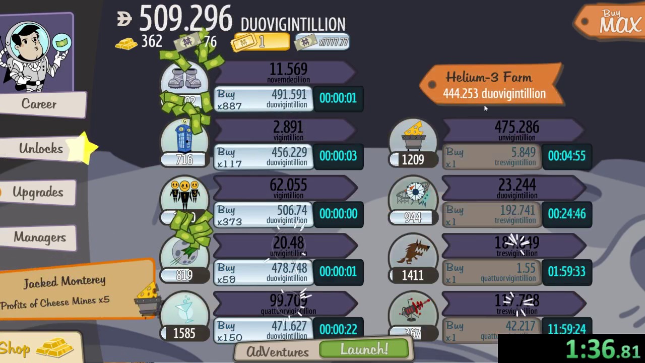 AdVenture Capitalist Moon - New Game+ (~5k gold) Speedrun [4:42.30]
