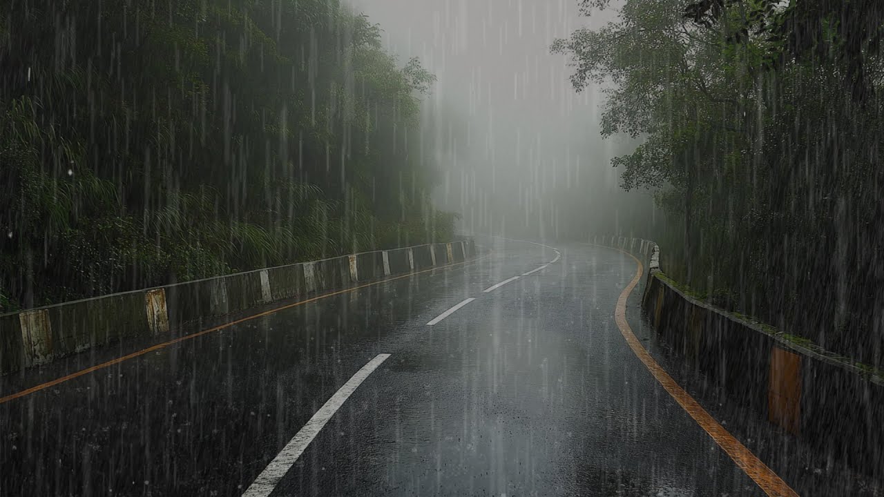 Relax Your Mind in 3 Minutes with Heavy Rain and Soft Thunder on a Foggy Road for Deep Sleep