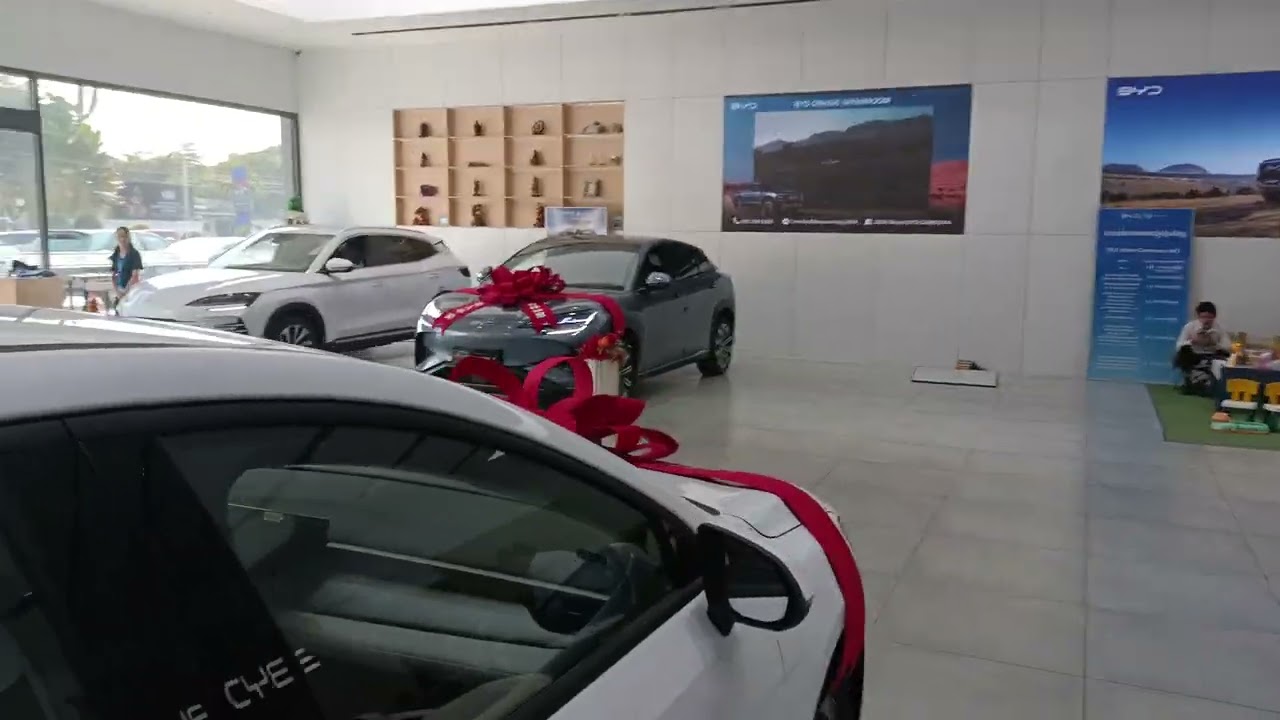 New BYD cars for sale in Cambodia, at dealership. ELECTRIC AND HYBRID . THIRD WORLD COUNTRY