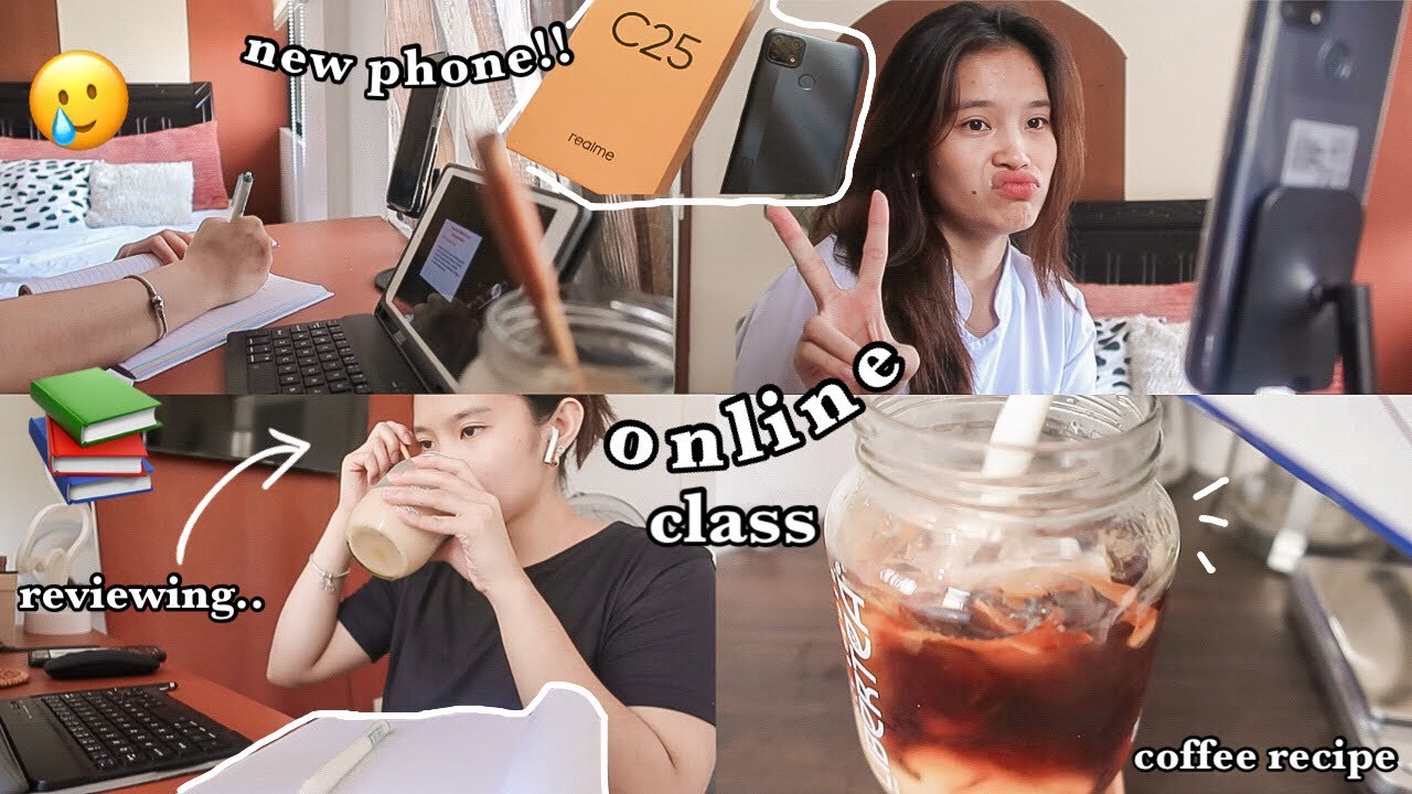 online class vlog ⛅️📚 (study with me, coffee recipe, new phone & yoga)