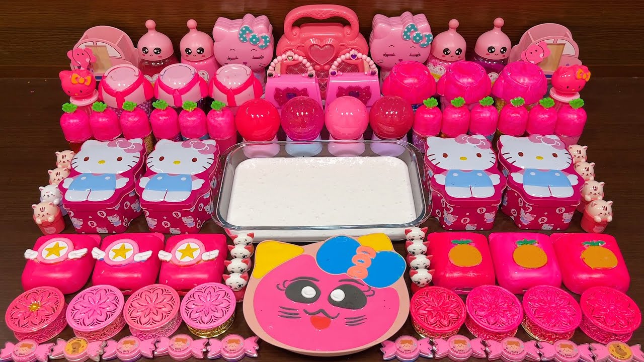 NEON PINK HELLO KITTY Slime ! Mixing Random into GLOSSY Slime ! Satisfying Slime #428