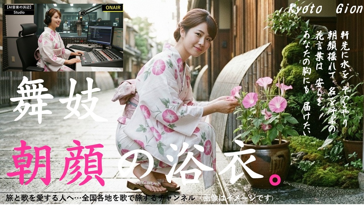 京都「舞妓.朝顔の浴衣」町家の玄関に朝顔を置いてみたら、こんな曲が浮かびました。京都の静かな朝へご案内します。薄紅色の朝顔の花言葉？【AI、演歌、昭和歌謡、旅、ご当地ソング、鉄道の旅、歌ドラ】