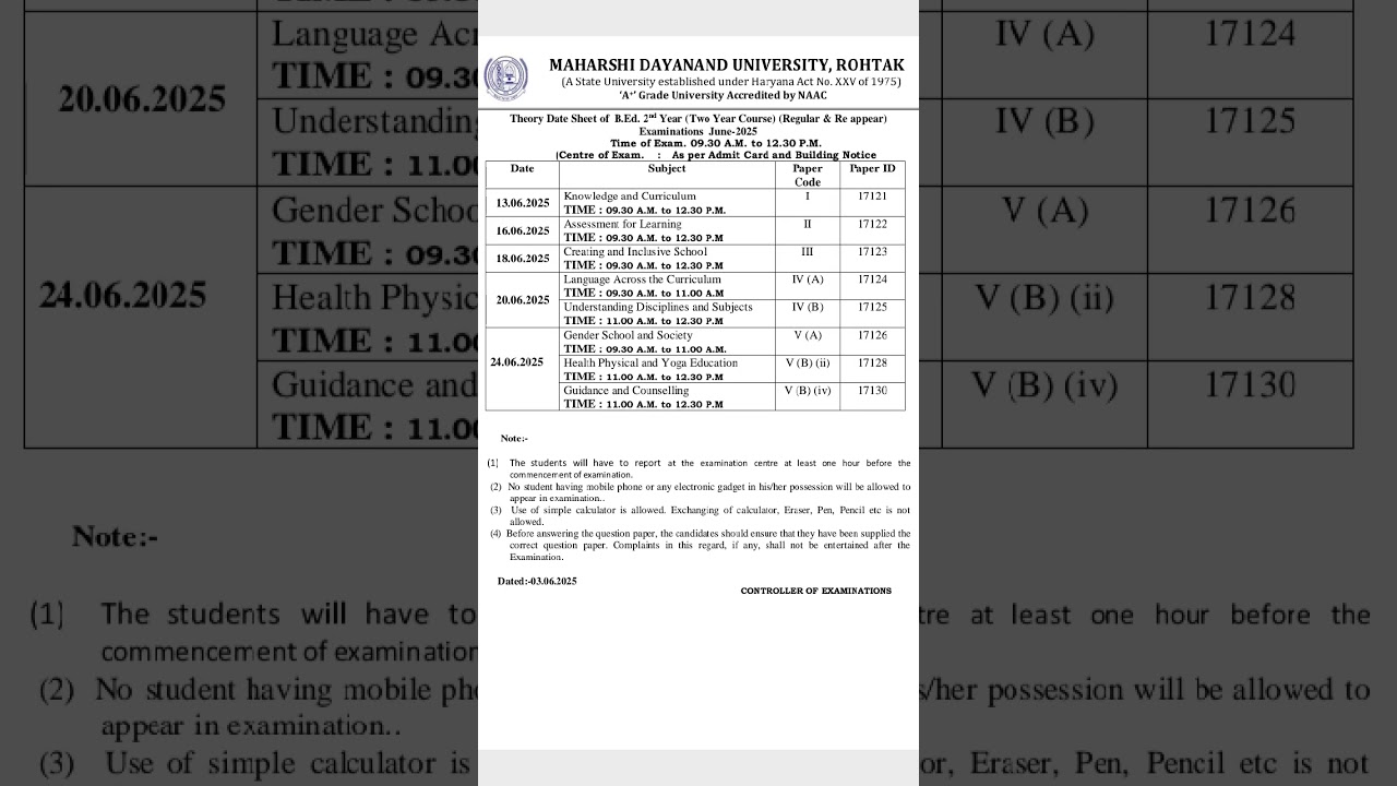 MDU B.E.D 2 nd year exam date sheet 2025 # MDU #mdu #exam #notice #university