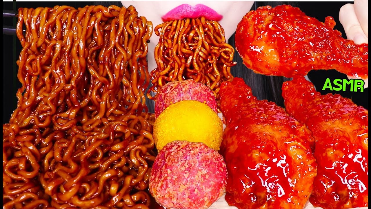 ASMR FRIED CHICKEN, BLACK BEAN NOODLES, CHEESE BALL 양념 치킨, 짜파게티, 치즈볼, 고구마 치즈볼 먹방 EATING SOUNDS