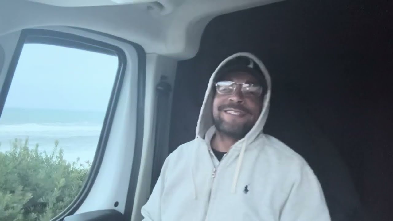 Van Life Beach Combing in winter storm