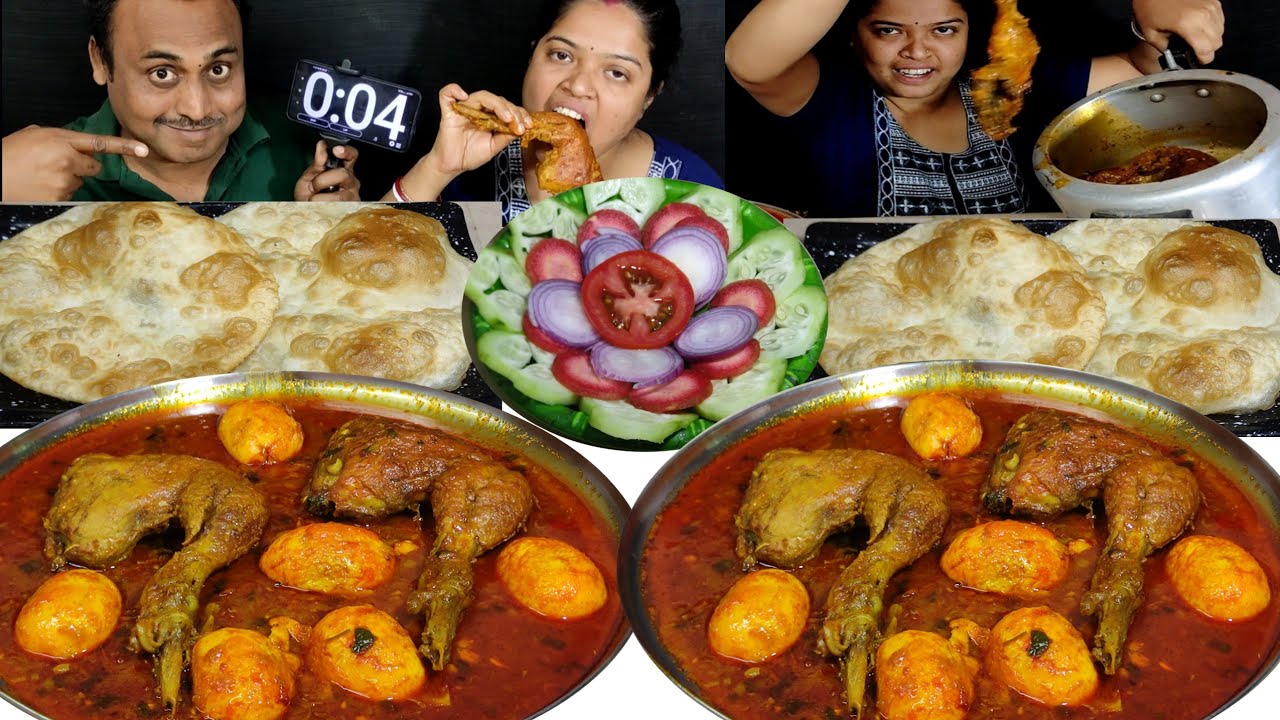 HOT 🔥 SPICY 🥵 CHICKEN LEG PIECE CHALLENGE MASALA BOIL EGG FRY PURI WITH GREVY EATING CHALLENGE