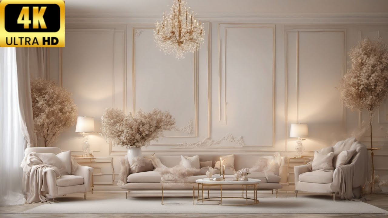 Luxury White Living Room Ambience 🌿 Elegant Sofa & Botanical Decor | 4K TV Wallpaper