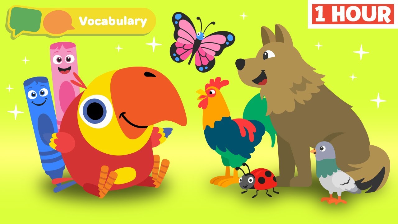 Toddler learning video | First words w Larry Surprise Eggs & Color Crew | Animals & More |75 Minutes