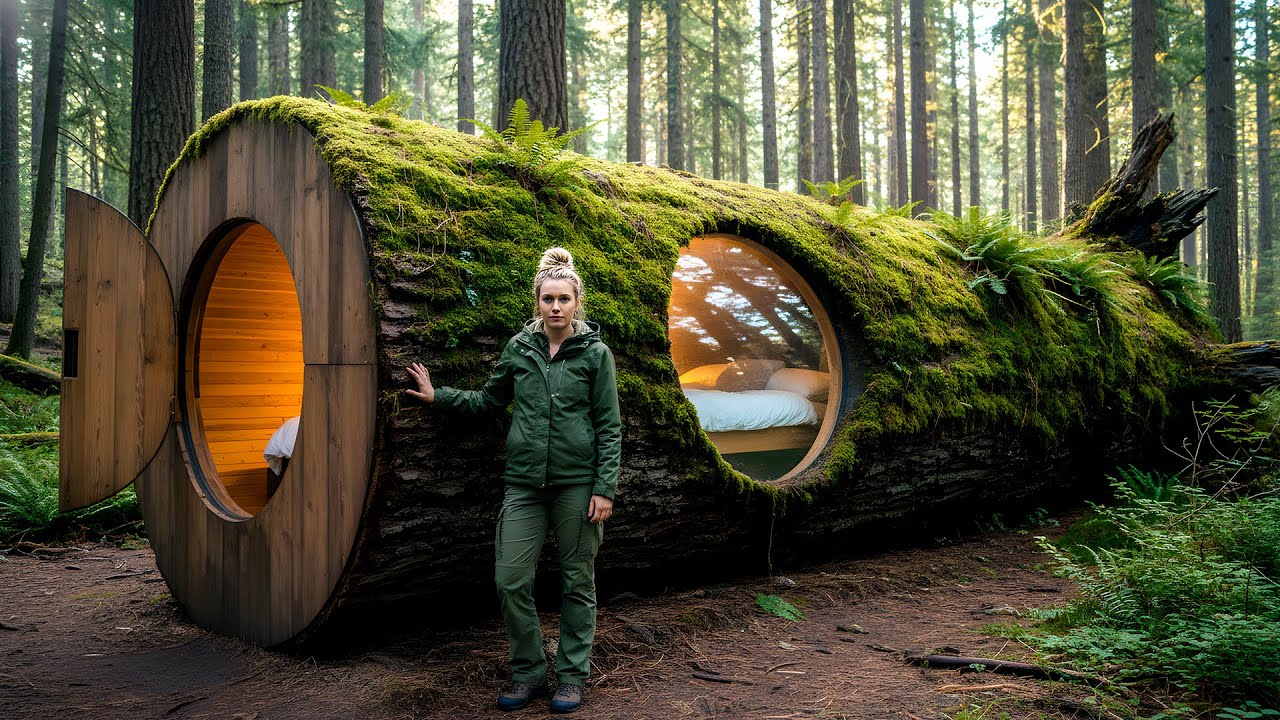 Building a House in the Forest (ASMR) – Building a Modern Cabin Inside a Giant Log