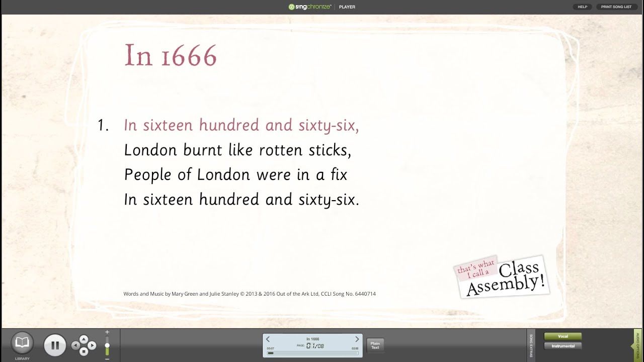 Class Assembly Songs from Out of the Ark &ndash; In 1666, The Great Fire of London -  Words on Screen
