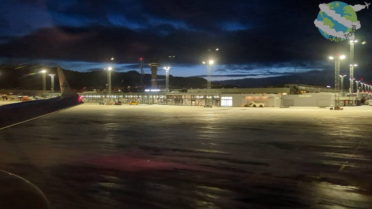 KLM Cityhopper Embraer 190 Winter Twilight Takeoff from Trondheim Runway 27