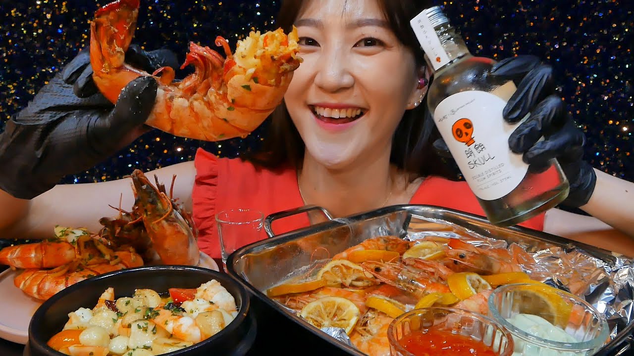 블랙타이거새우, 감바스, 새우구이 & 서울의 밤 증류수 Eating  Mukbang ASMR + 무서운 이야기 썰