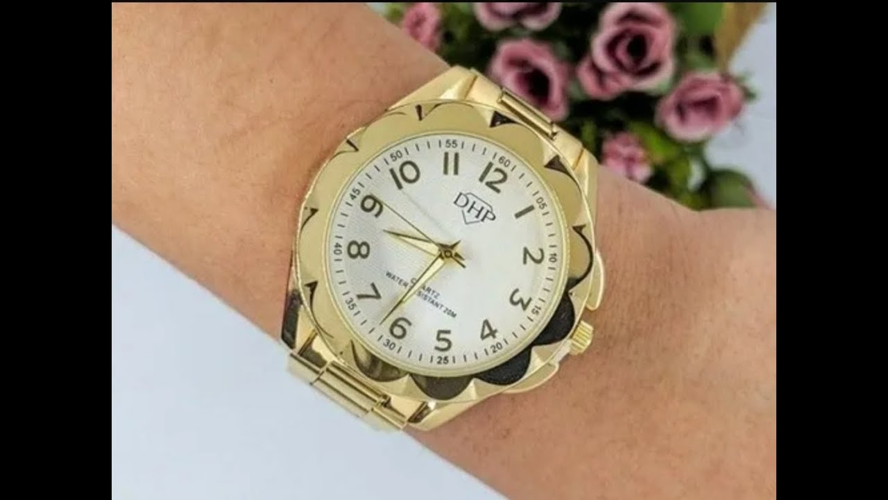 Rel&oacute;gio DHP Petal Dourado 100% Original   a Prova D'&aacute;gua