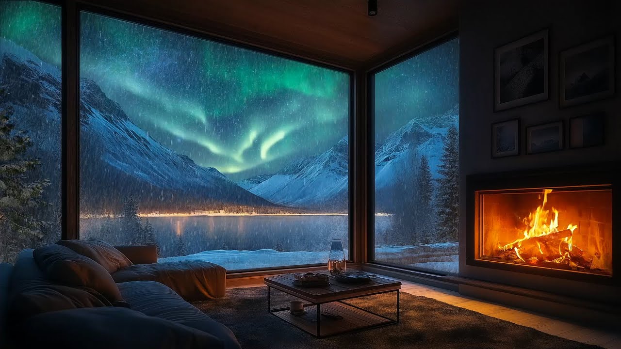 Dreamy Aurora Night Vibes ❄️ Relaxing in a Cabin with Snowfall & Fire Sounds Ambience for Deep Sleep