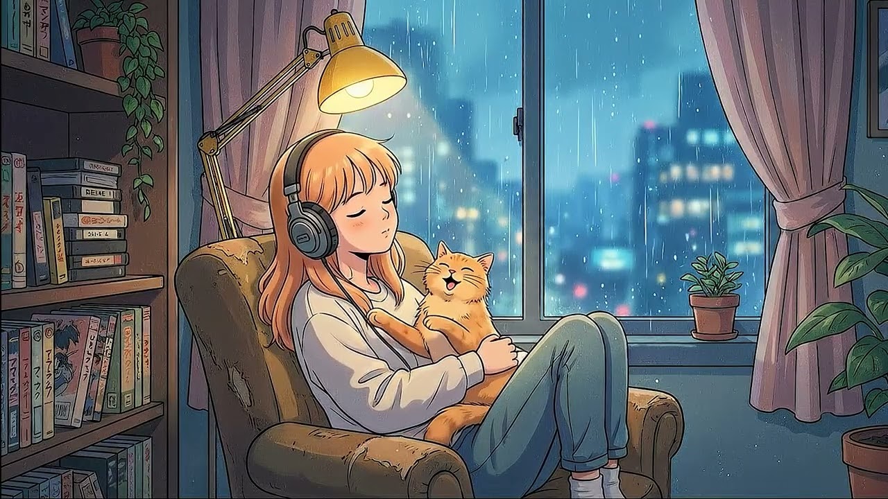 RELAX with LOFI Girl and CAT in the RAIN for 4 Hours