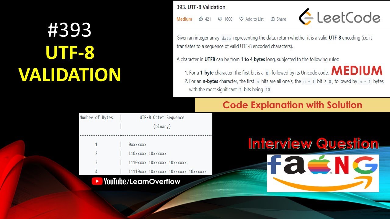 UTF-8 Validation | LeetCode 393 | Google Interview Question | Bit Manipulation @LearnOverflow