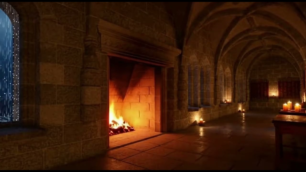 Medieval Corridor with Woodburning Fireplace🌩️🔥Rainy Night by the Fire in Medieval Corridor