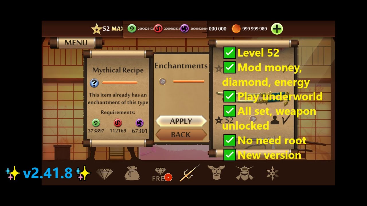 C&aacute;ch Hack Shadow Fight 2 v2.41.8 mod apk full tiền, gems, level 52, set event, vũ kh&iacute; ẩn mới 2025