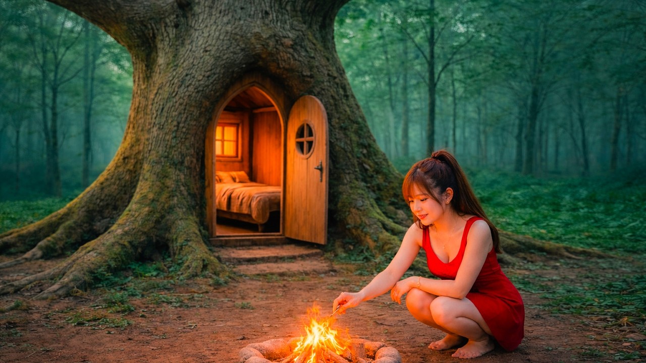 TIMELAPSE: 15days Bushcraft Survival: Solo Girl Builds a Hidden House Inside a Tree Trunk | ASMR