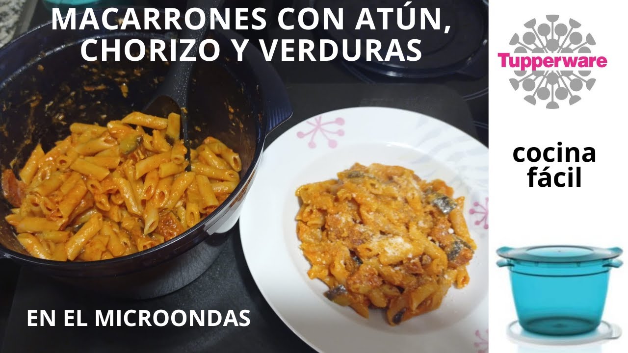 Macarrones con atún, chorizo y verduras en el microondas