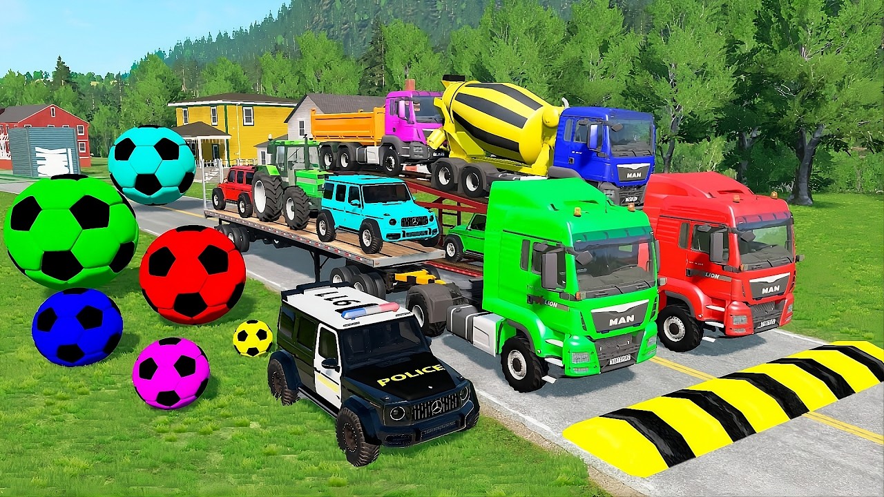 Flatbed Trailer McQueen Transportation with Truck - Speedbumps vs Cars vs Train - BeamNG.Drive #12