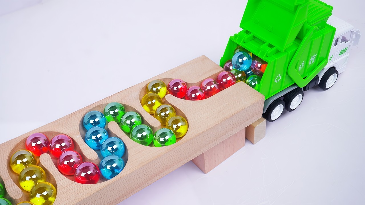 Marble Run Race ☆ HABA Slope&Retro Makita Truck, Excavator, Garbage Truck, Dump Truck,Ambulances#124
