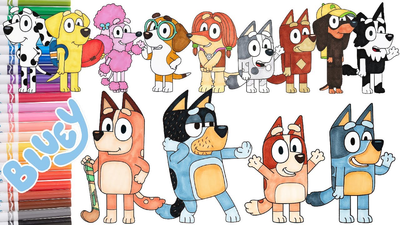 Bluey Coloring Book Page Compilation - Mum, Dad, Bingo, Bluey, and friends | Coloring with Markers