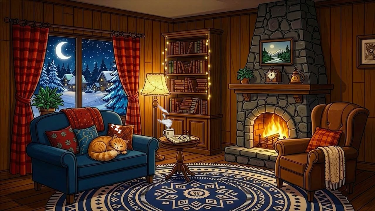cozy snowy 1950s cabin ambience | vintage jazz, crackling fireplace & oldies playing in another room