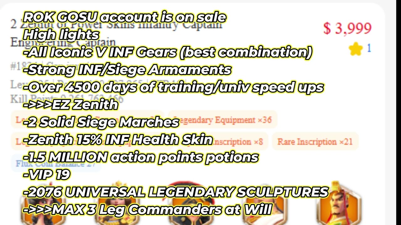 ROK GOSU Account SALE AT WONTRADE - INF and Siege main - EXCELLENT ACCOUNT