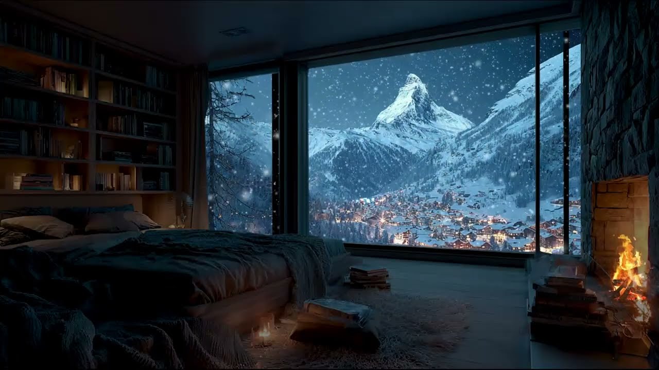 Cozy Winter Cabin Night ❄️ | Fire Crackling & Soft Snowfall for Deep, Peaceful Sleep