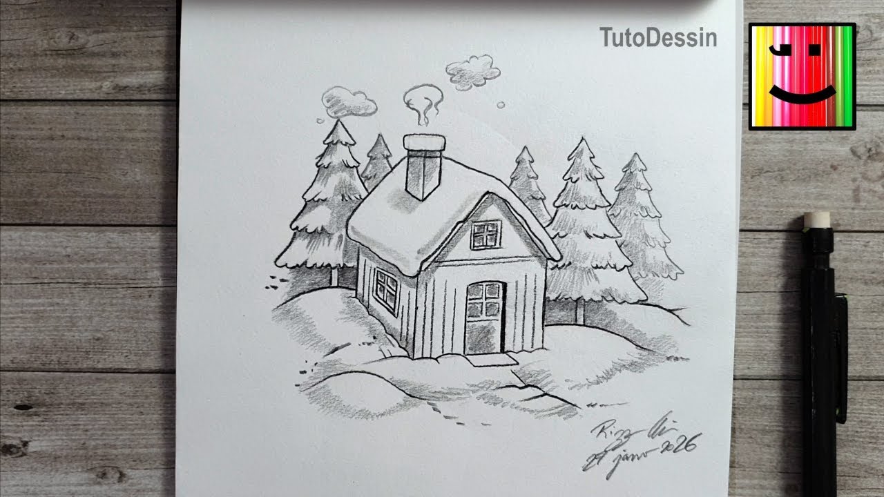 Comment dessiner une maison en hiver au crayon de papier