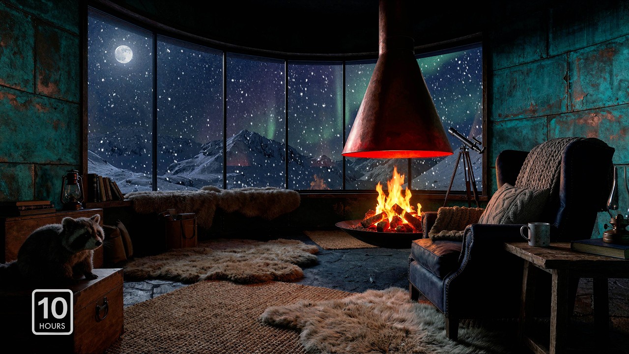 Steampunk Fireplace Observatory | Aurora Borealis & Oxidized Copper 4K