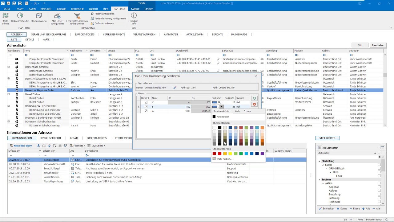 Datenvisualisierung in MAP+PLUS (Umsatz / Betreuer als Layer)