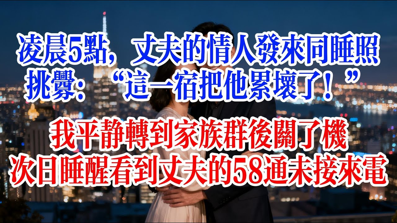 凌晨5點，丈夫的情人發來同睡照挑釁：“這一宿把他累壞了！”我平靜轉到家族群後關了機，次日睡醒看到丈夫的58通未接來電#故事頻道 #爱情故事 #情感故事 #婚姻 #出軌 #小说