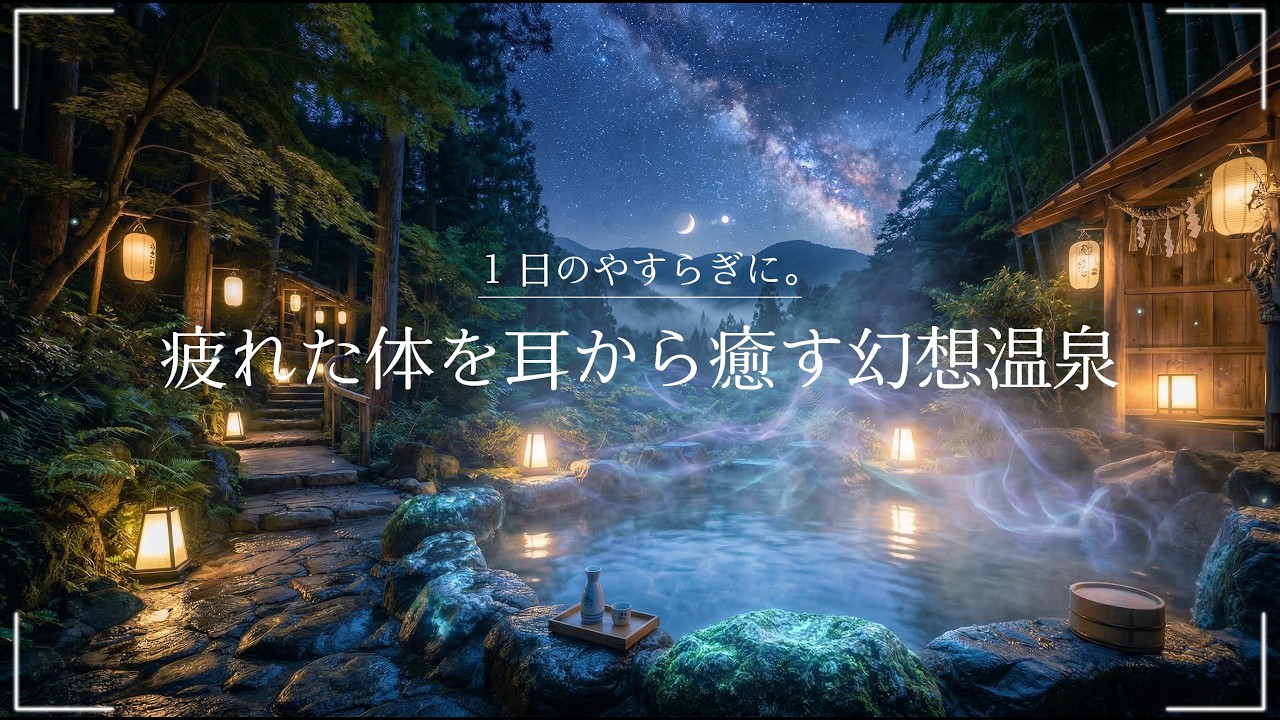 【環境音・ASMR】Japanese Onsen Night Ambience Relaxing Hot Spring Sounds with Healing Music Under Starry