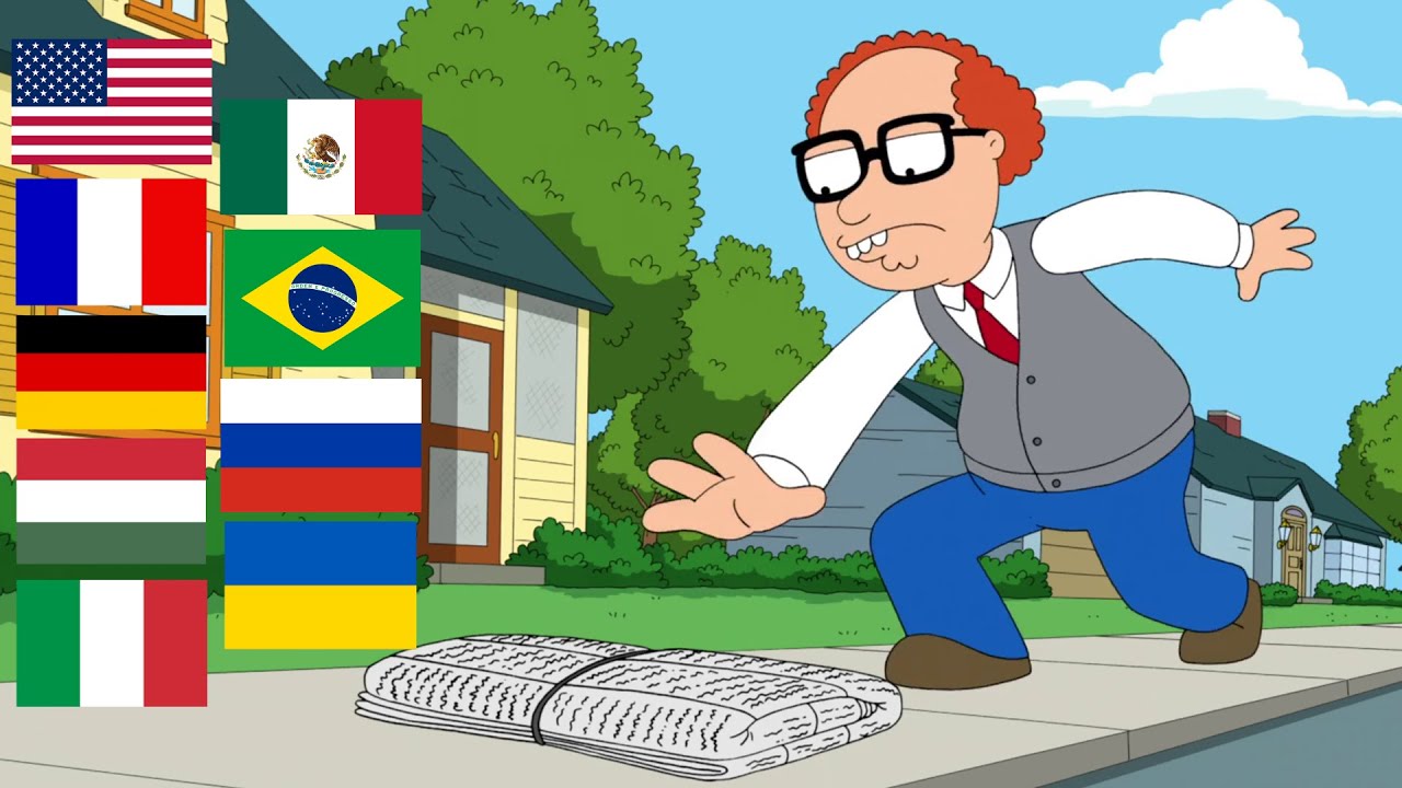 Mort steals the newspaper in 9 different languages (Family Guy)