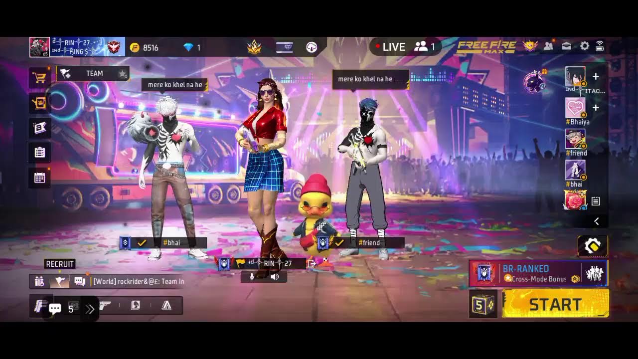Free Fire BR rake push custom 1vs1 challenge account to join in live stream welcome to my live stre☺
