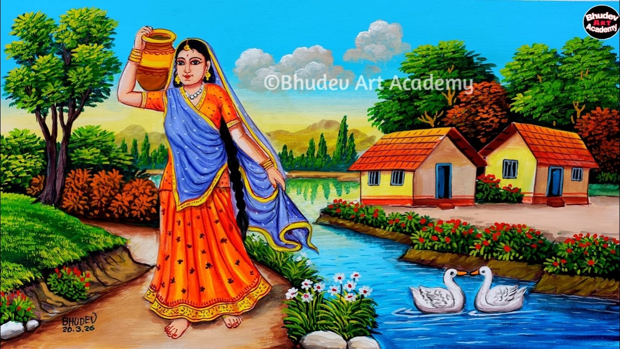 Beautiful Village Girl Scenery Painting/Indian Village Scenery Painting With Earthwatercolor