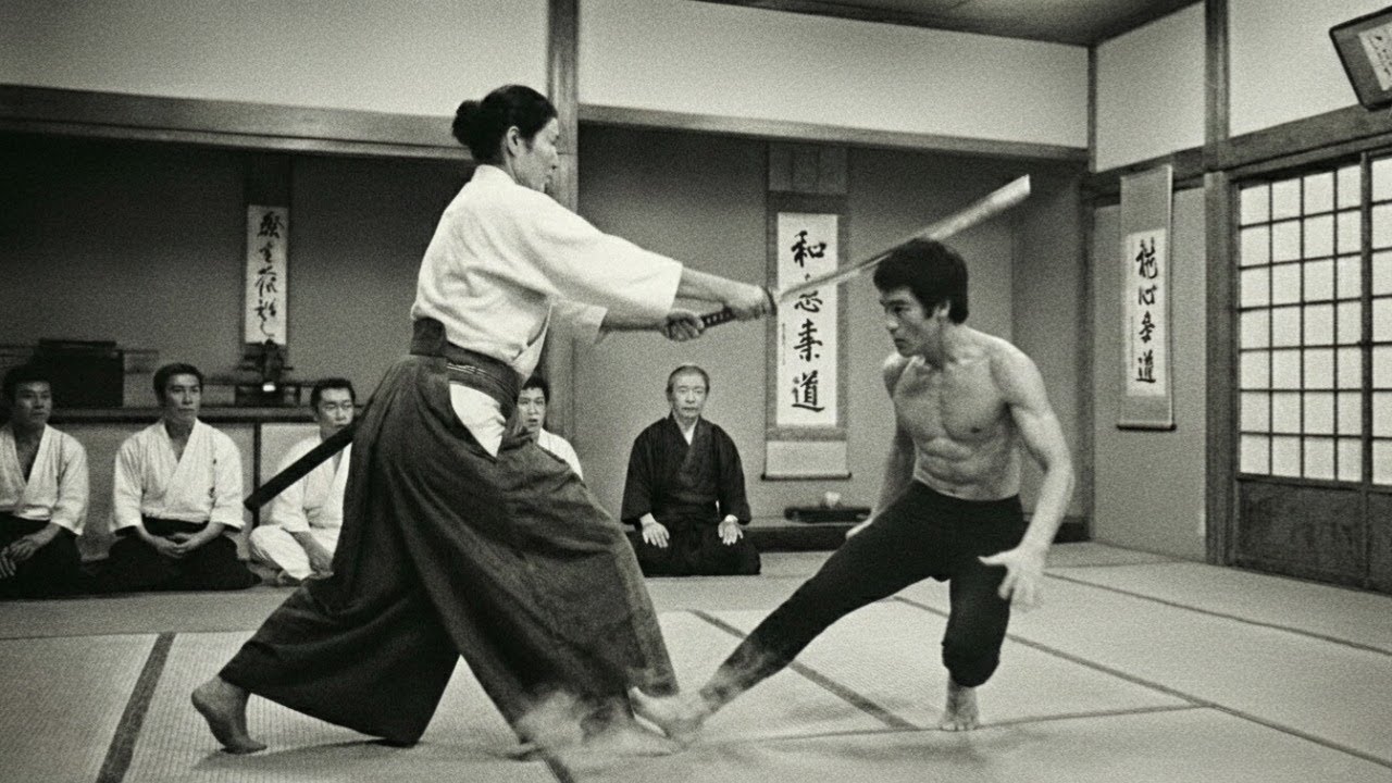 Bruce Lee défie une maîtresse samouraï armée d'un sabre et la vainc à mains nues (1971, Tokyo).