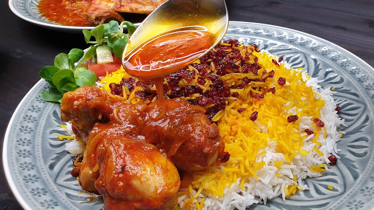 Berberitzen Safranreis mit Hähnchen| saffron barberries chicken| زرشک پلو با مرغ |zereshk Polo Morgh