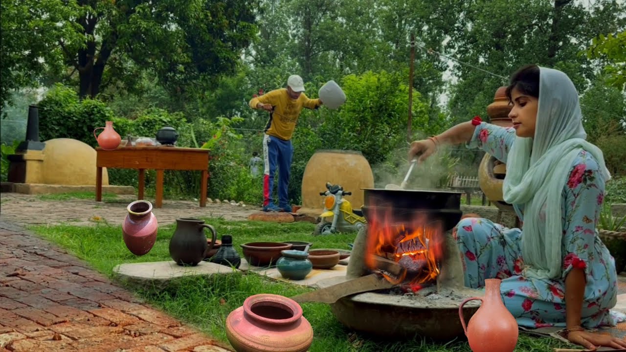Cooking Mutton Kaali Mirch Handi in Village with Egg Tandoori Naan Bread in Mud Tandoor Il