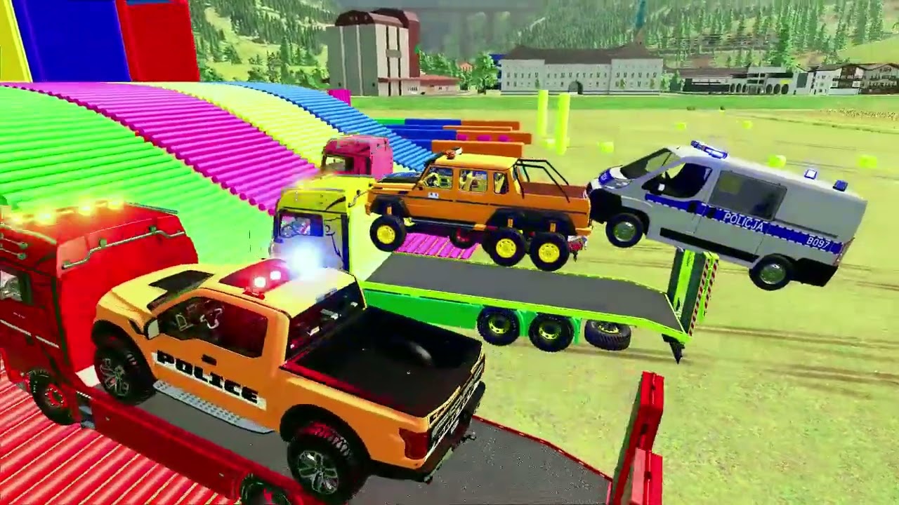 TRANSPORTING DACIA, MCQUEEN CAR, FORD POLICE CAR, AMBULANCE EMERGENCY WITH MAN TRUCKS |
