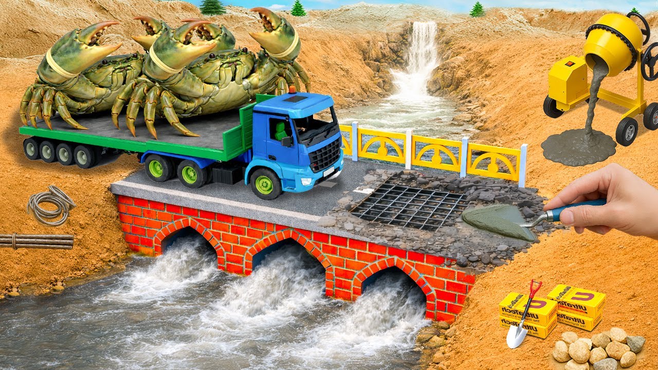Monster Destroys Bridge–DIY Mini Tractor Builds a Strong Concrete Bridge with 3 Large Drainage Pipes