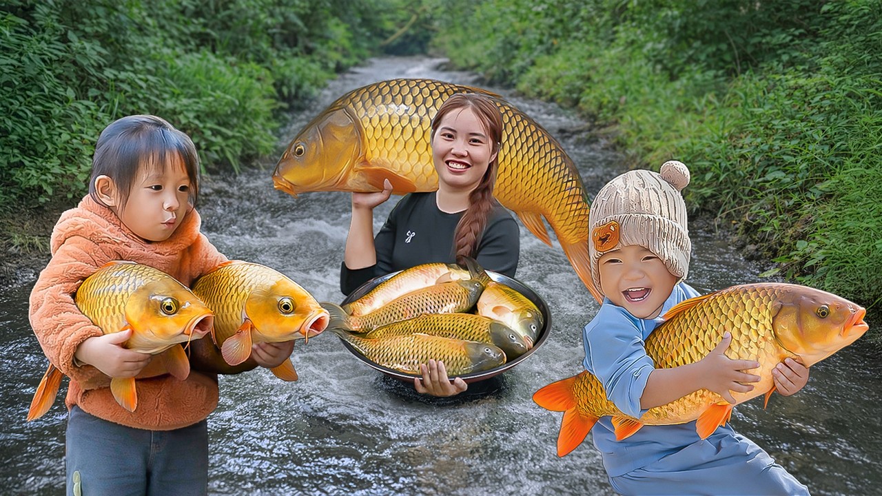 Small Stream packed Giant Fish | Laughter-Filled Fishing Day with Chuc Duong Family | Village Life
