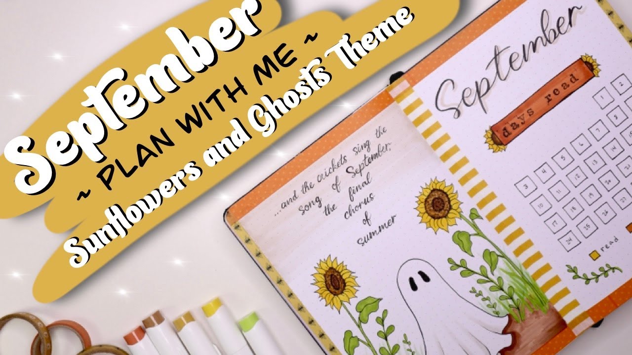 SUNFLOWERS & GHOSTS Theme! September 2023 // PLAN WITH ME!  fun and easy, reading bullet journal
