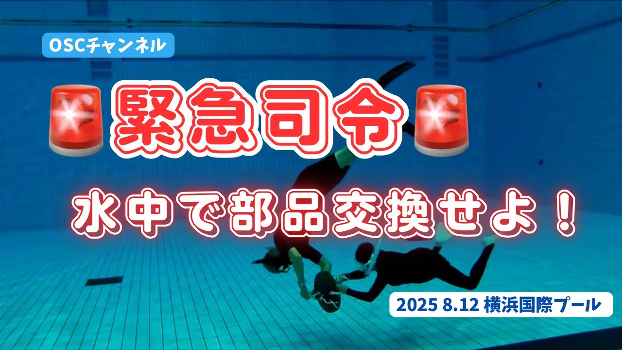 【夏季限定・水深5.0m】緊急指令！水中で部品交換せよ！（ずっと沈んでいられるかな？）OSCスキンダイビング講習会（基礎編・応用実践編）の練習風景 in 横浜国際プール